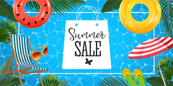 Summer sale banner with realistic inflatable rings, chaise lounge, sun glasses, beach umbrella and slates and tropical leaves background, exotic floral design. - Vector, Image