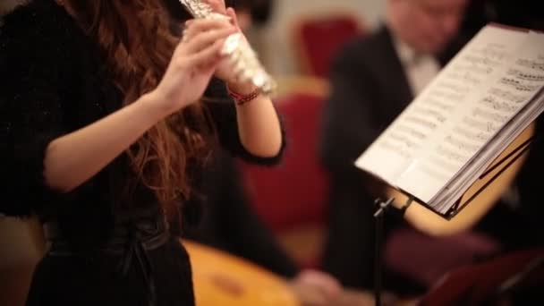 Ορχήστρα δωματίου. Μια νεαρή γυναίκα παίζει φλογέρα - Πλάνα, βίντεο