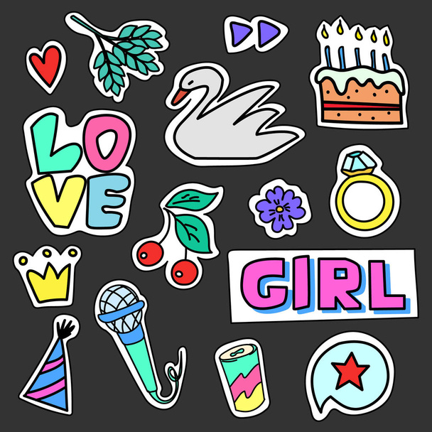 Set of colorful cartoon badges. Vector illustration use as patch, sticker, pin.  - Vector, Image