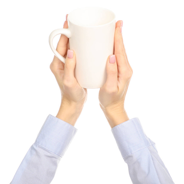 White cup mug in hand arm raised up - Φωτογραφία, εικόνα