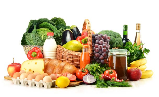 Produtos de mercearia, incluindo legumes, frutas, laticínios e bebidas
 - Foto, Imagem