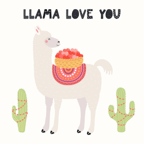 Mão cartão de dia Valentim desenhado com lama engraçado bonito carregando cesta e texto Llama te amo. Projeto plano estilo escandinavo. Conceito para celebração
 - Vetor, Imagem