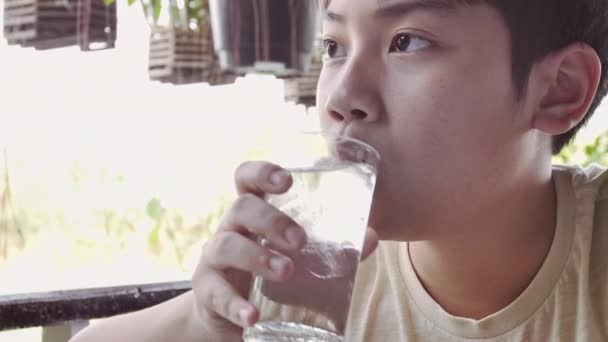 Lento movimento de asiático menino bebe água de um copo após o café da manhã, Close up teen boy with glass of water
. - Filmagem, Vídeo
