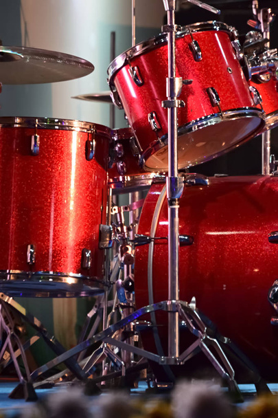 Close-up of musical drum set is ready to play in a live stage programmed. - Fotó, kép