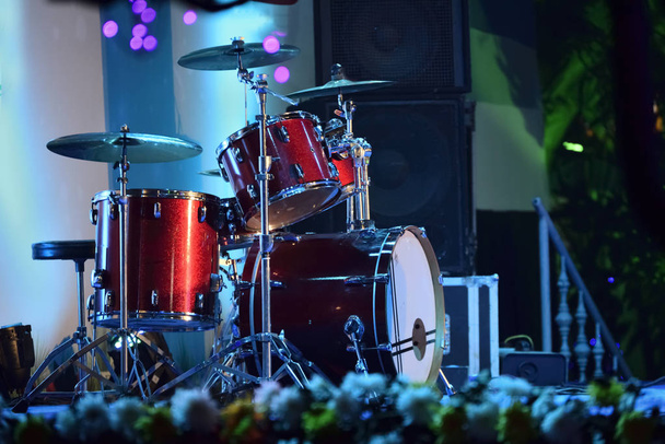 Close-up of musical drum set is ready to play in a live stage programmed. - Photo, Image