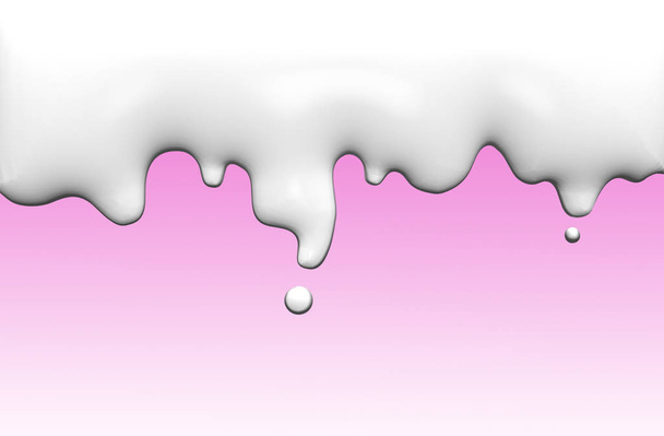 Druipend van witte melk, room gesmolten, yoghurt druppels op licht roze achtergrond, horizontale rand, 3D-rendering - Foto, afbeelding