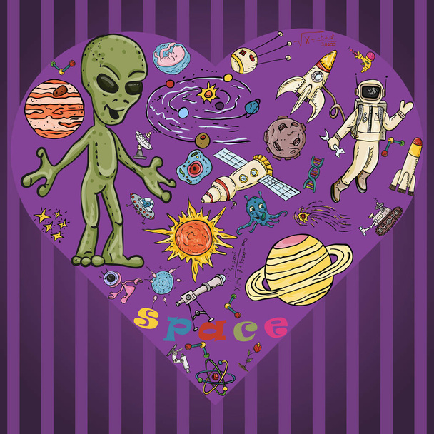 vektorivärilliset lasten piirustukset avaruuden, tieteen ja elämän syntymisen teemasta maapallolla, UFO: t, planeettojen lisääntymistekniikka, maailmankaikkeus, Doodle-tyyli, jokainen piirustus erilliselle tasolle
 - Vektori, kuva
