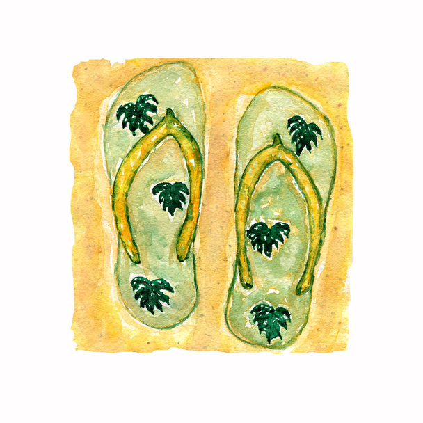 Ilustración de acuarela, zapatos de pizarras verdes dibujados a mano, sandalias flip flop con hojas de monstera en el fondo de arena amarilla.
. - Foto, Imagen