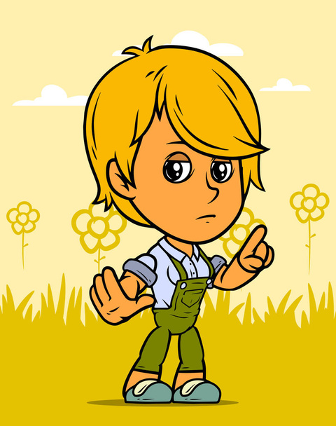 Beyaz sevimli ayakta sarışın çiftçi çocuk karakterimde yeşil tulum çizgi. Çiçekler sarı arka plan üzerinde. Vektör simgesi. - Vektör, Görsel