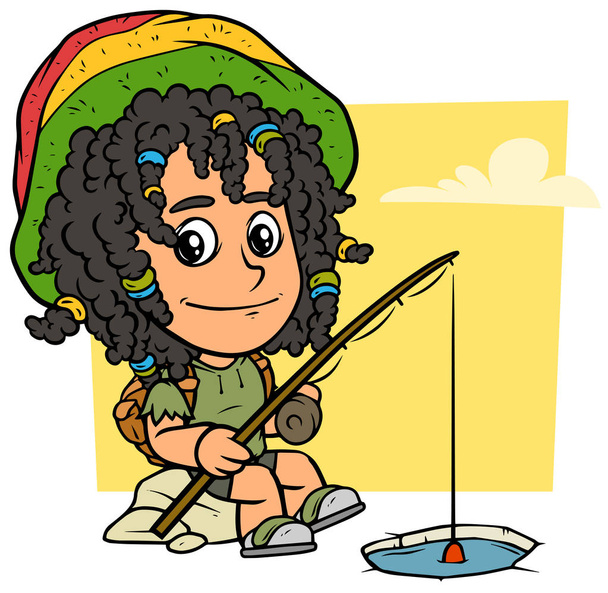 Cartoon cute flat sitting rastafarian boy character in jamaica hat with fishing rod. On yellow background. Vector icon. - Vector, Image