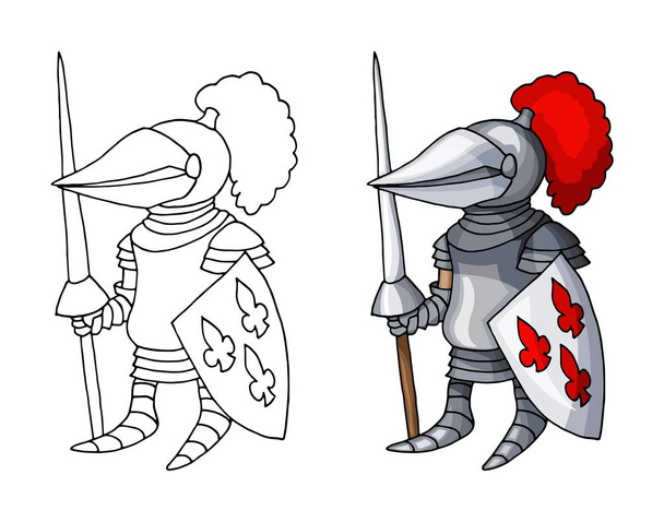 Karikatur mittelalterlicher Ritter mit Schild und Speer, isoliert auf weißem Hintergrund - Vektor, Bild