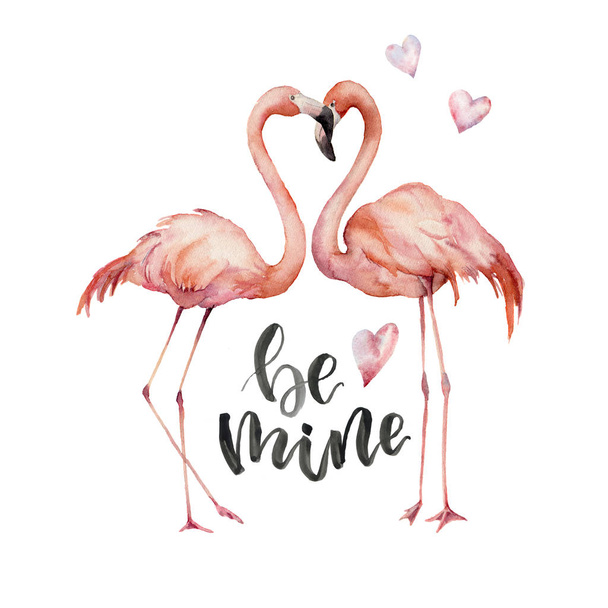 Akvarell lehet az enyém kártya. Kézzel festett Flamingo pár szívvel és elszigetelt fehér background felirat. Valentin-nap tervezése, nyomtatása, háttérben szemléltetése - Fotó, kép
