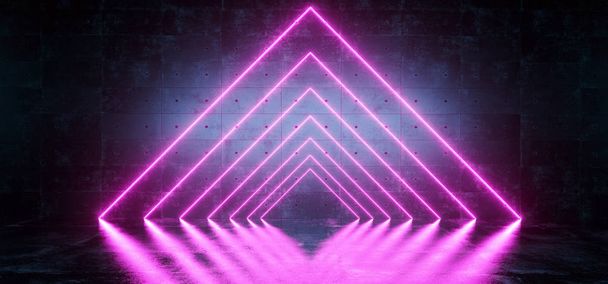 サイファイ ネオン輝くネオン管フレーム ライト反射形紫鮮やかなピンク ・ トライアングルと暗いコンクリート未来的なモダンな空部屋の背景 3 d レンダリング図 - 写真・画像