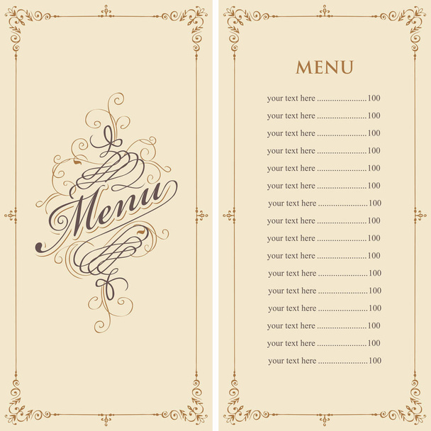 Vector menu for restaurant or cafe with a price list and a calligraphic inscription in a figured frame with curls in the Baroque style on the beige background. - Διάνυσμα, εικόνα