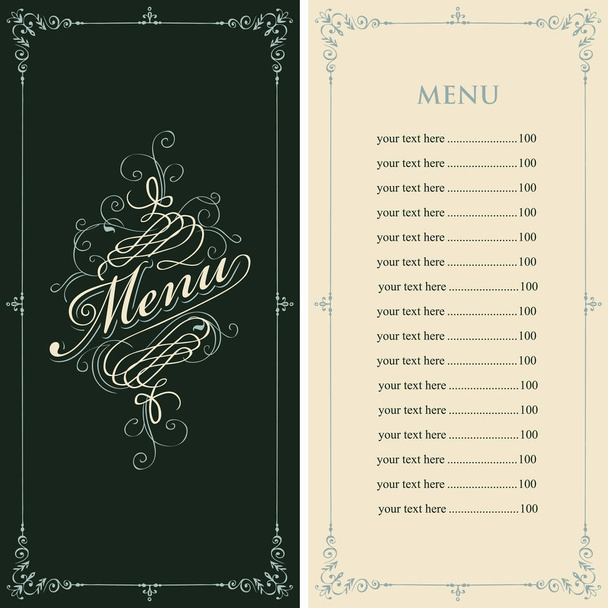 Vector menu for restaurant or cafe with a price list and a calligraphic inscription in a figured frame with curls in the Baroque style on the black and beige background. - Вектор,изображение