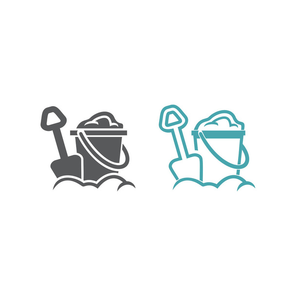 Two vector illustrations of a children's bucket and shovel. Set of vector symbols. Children's game with sand. Flat design Monohrome - Vector, Image