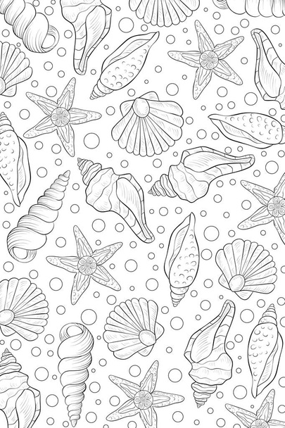 A cute abstract background with shells image for relaxing activity.A coloring book, page for adults.Zen art style illustration for print.Poster design. - Вектор,изображение