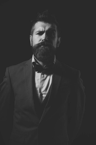 Guy with concentrated face in luxury suit with bow tie. - Fotoğraf, Görsel