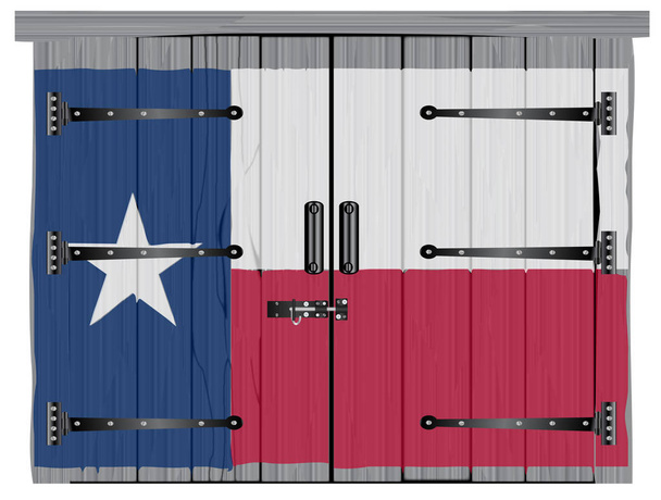 Una grande vecchia stalla chiusa in legno massello doppia porta con bullone e cerniere con una bandiera texana dipinta - Vettoriali, immagini