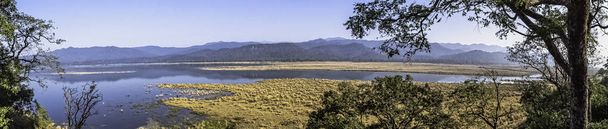 ジム Corbett の国立公園、インドの Ramganga 川のパノラマ - 写真・画像