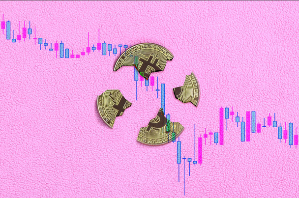 Broken bitcoin lies in the background of the falling chart of the cryptocurrency rate. Pastel pink background. Flat lay top view. The fall and collapse of the course of crypto currency - Photo, Image