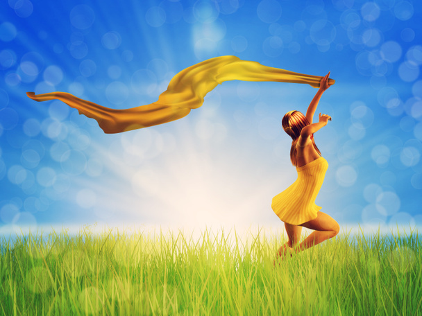 Woman jumping on a grass field - Photo, Image