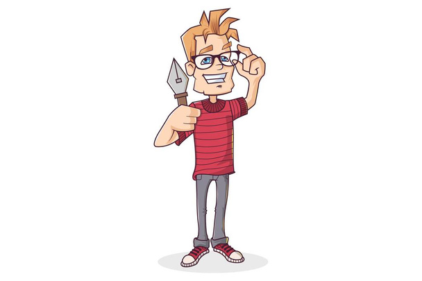 Vector character illustration of mascot cartoon wearing jeans, t-shirt and glasses. Pen tool in hand. Isolated on white background. - ベクター画像