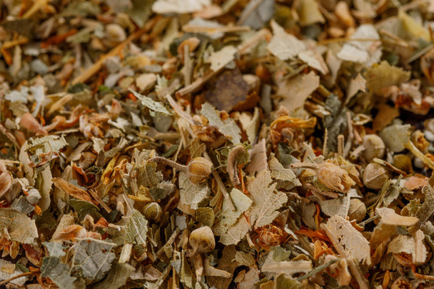 Dry green tea leaf texture background. Japanese tea Linden flavored green tea. Chinese grade sencha. Macro. Top view. - Foto, Bild