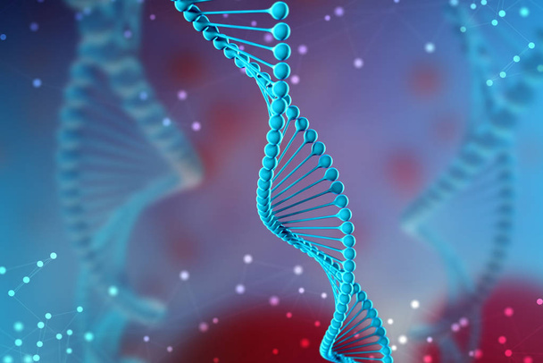3d Ilustração da molécula de DNA. A molécula helicoidal de um nucleotídeo no ambiente do organismo como no espaço. O conceito genoma e modificação do corpo
 - Foto, Imagem