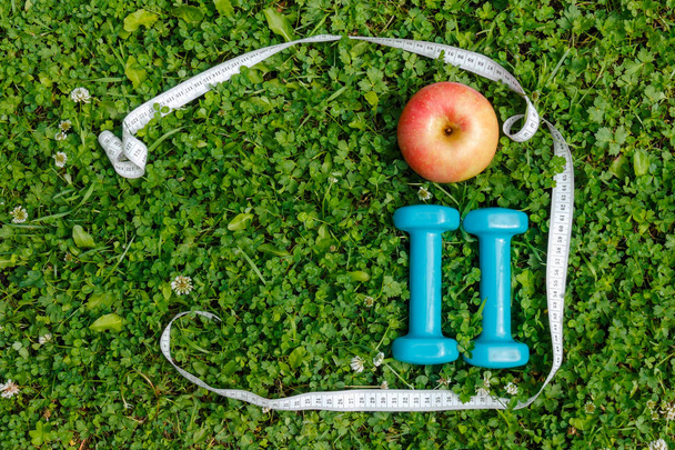 Apple, dumbbells and measuring tape on  green grass.  Top view, copy space. - Photo, Image