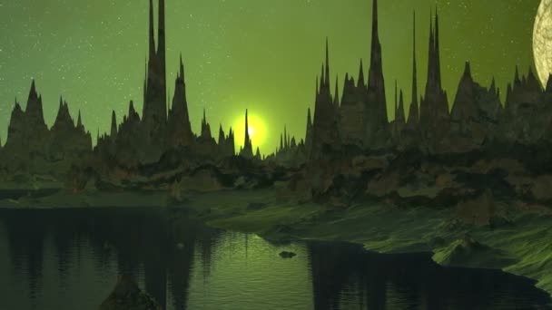 Východ slunce a měsíc nad jezerem Alien. Na povrchu vody odráží skal a hvězdnou oblohu. Jasné slunce v žlutým oparem pomalu stoupá nad obzor. Blíží se obrovské planetě (měsíc). - Záběry, video