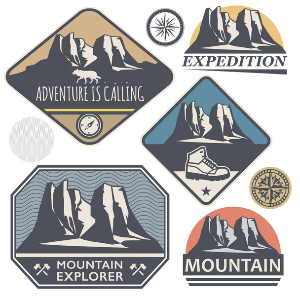 Set of mountain and outdoor adventures signs, stamps or labels, vector illustration - Vector, Image