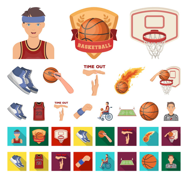 Μπάσκετ και χαρακτηριστικά καρτούν, επίπεδη εικονίδια στη συλλογή σετ για σχεδιασμό. Παίκτης μπάσκετ και τον εξοπλισμό σύμβολο μετοχής web εικονογράφηση διάνυσμα. - Διάνυσμα, εικόνα