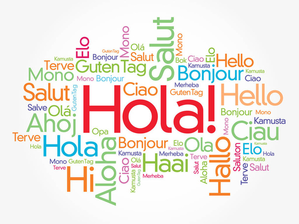 Hola! (Hei Tervehdys espanjaksi) sana pilvi eri kielillä maailmassa, tausta käsite - Vektori, kuva