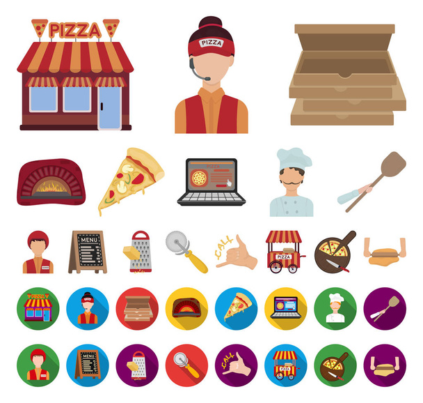 Pizza e pizzeria cartone animato, icone piatte nella collezione set per il design. Personale e attrezzature vettoriale simbolo stock web illustrazione
. - Vettoriali, immagini