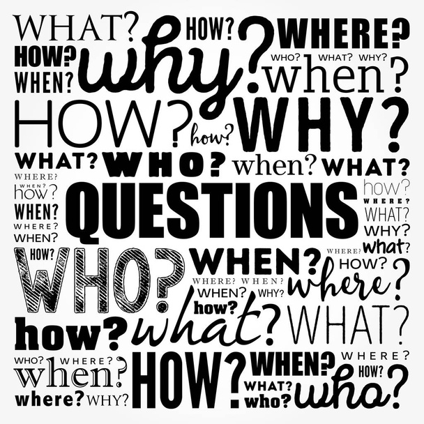Preguntas cuyas respuestas se consideran básicas en la recopilación de información o la resolución de problemas, fondo de nube de palabras - Vector, imagen