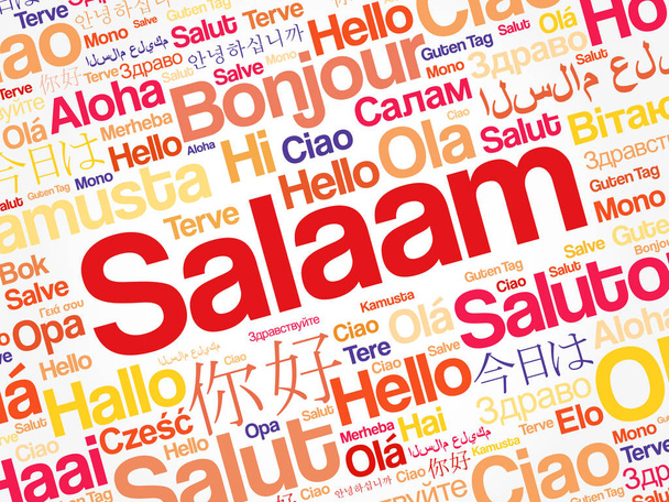 SALAAM (Olá Saudação em persa, Farsi) nuvem de palavras em diferentes idiomas do mundo, conceito de fundo - Vetor, Imagem