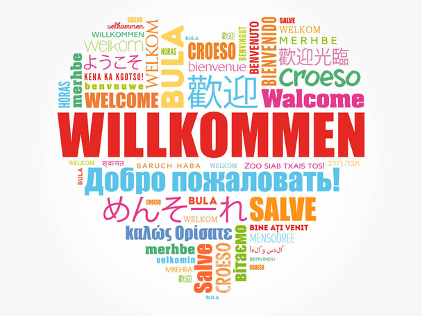 Willkommen, benvenuto in tedesco. Nube di parole in diversi linguaggi, sfondo concettuale
 - Vettoriali, immagini