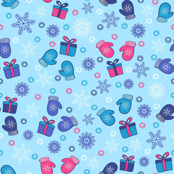 Seamless Christmas pattern with a pattern of snowflakes, mittens and gift boxes. - Vetor, Imagem
