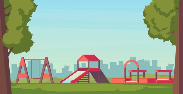 Kids playground or park. Children play complex with slide, swing and sandbox. Vector flat style illustration. - Vector, Image