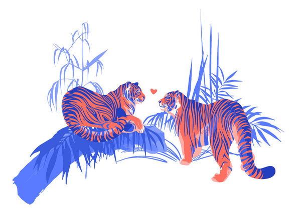 Two tigers in love looking at each other surrounded by exotic plants. - Vector, Image