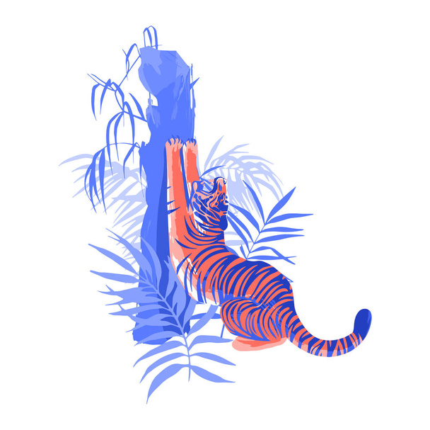 Тигр растягивает хрупкое тело, зевая и затачивая когти на дереве, окруженном экзотическими листьями
. - Вектор,изображение
