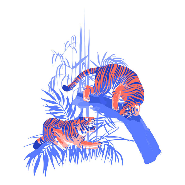 Grafisch ontwerp met twee agressieve gevechten tijgers omringd door exotische planten. - Vector, afbeelding