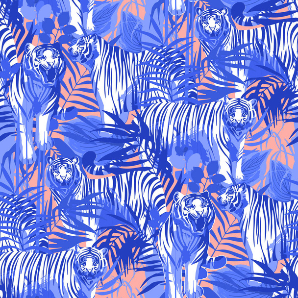 Wzory graficzne bezszwowe Tygrysy w różnych pozach, w otoczeniu egzotycznych liści - Wektor, obraz