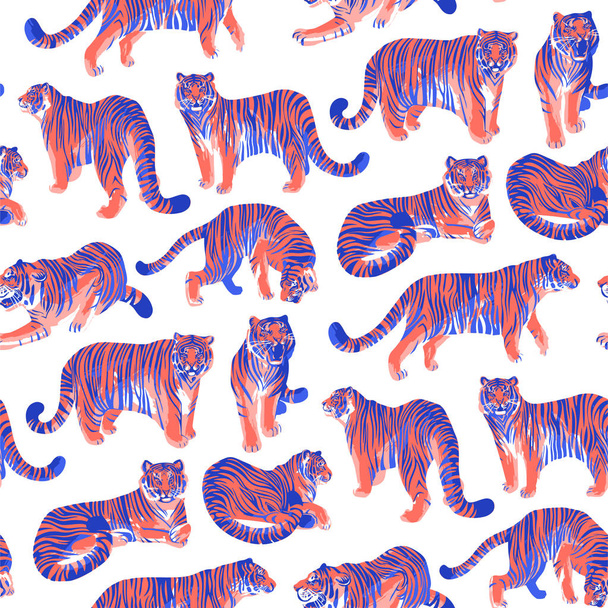 Graphic seamless pattern of tigers in different poses. - Vetor, Imagem