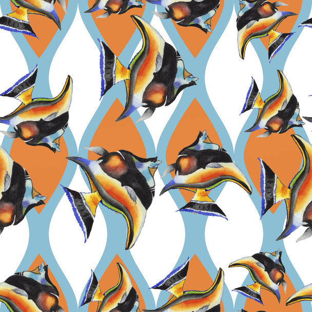 Watercolor aquatic underwater colorful tropical fish illustration set. Seamless background pattern. - Zdjęcie, obraz