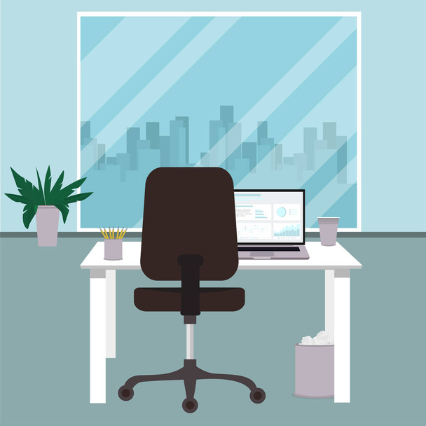 Lapos office koncepció illusztráció. Vektor munkahelyi modern design. Irodai szék, íróasztal, számítógép, kávéscsésze, ablak illusztráció. Vektoros illusztráció. - Vektor, kép