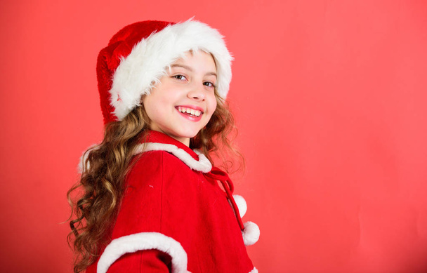 Christmas tradition holiday. Top christmas celebration ideas. Winter holidays concept. Child red santa costume ready to celebrate. Merry christmas and happy new year. Enjoy christmas holidays - Photo, Image