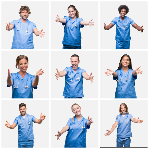 Collage de grupo de profesionales médicos enfermeros sobre fondo aislado mirando a la cámara sonriendo con los brazos abiertos para abrazar. Expresión alegre abrazando la felicidad
. - Foto, imagen