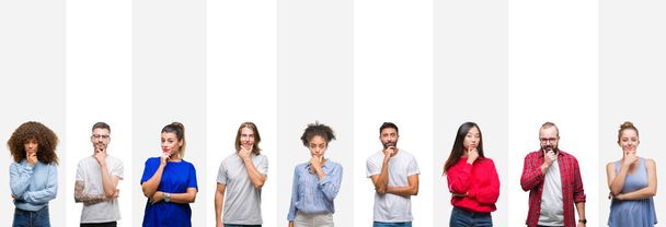Collage of different ethnics young people over white stripes isolated background looking confident at the camera with smile with crossed arms and hand raised on chin. Thinking positive. - Photo, Image